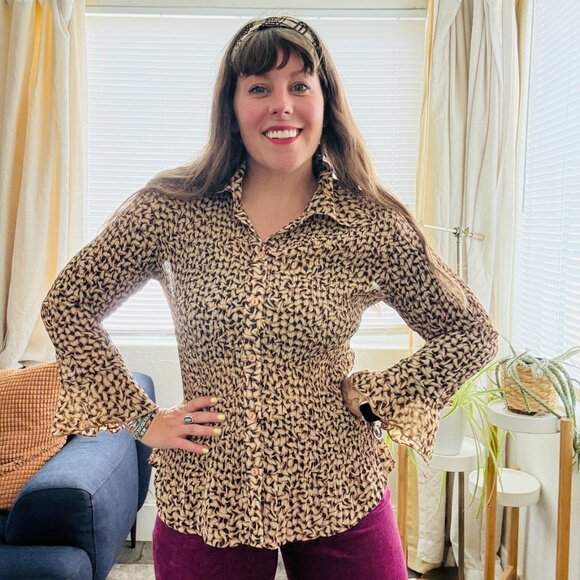 PRICE FIRM Y2K Blouse Vintage Dressbarn Brown Pleated Button Down Flare Top M/L - Picture 11 of 11